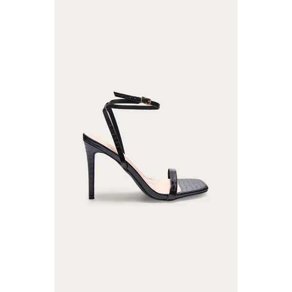 Black Pu Croc Square Toe Barely There Strap High Heeled Sandals