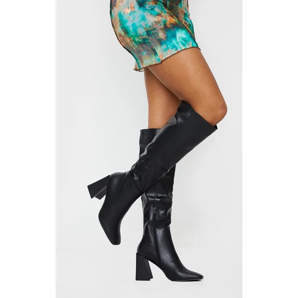 Black PU Flare Block Heel Square Toe Knee High Boots