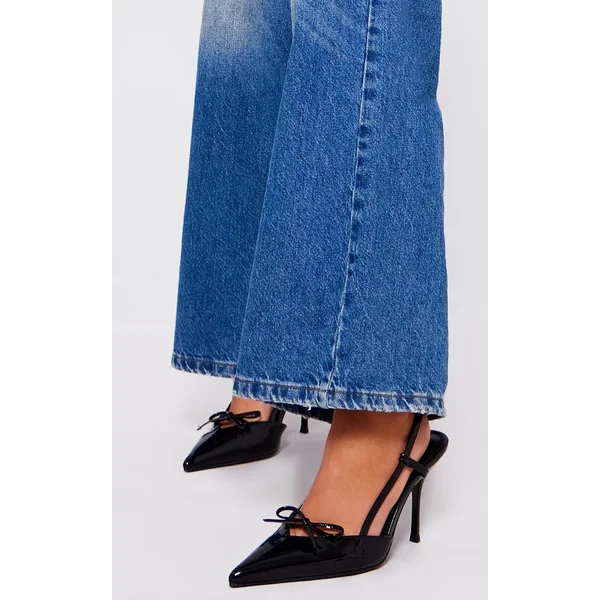 Black PU Patent Point Toe Bow Detail Mid Heel Courts