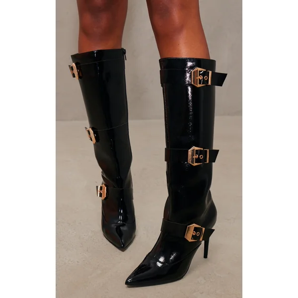 Black PU Patent Point Toe Buckle Knee High Heeled Boots