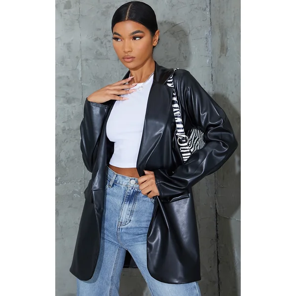 Black PU Pocket Look Double Button Blazer