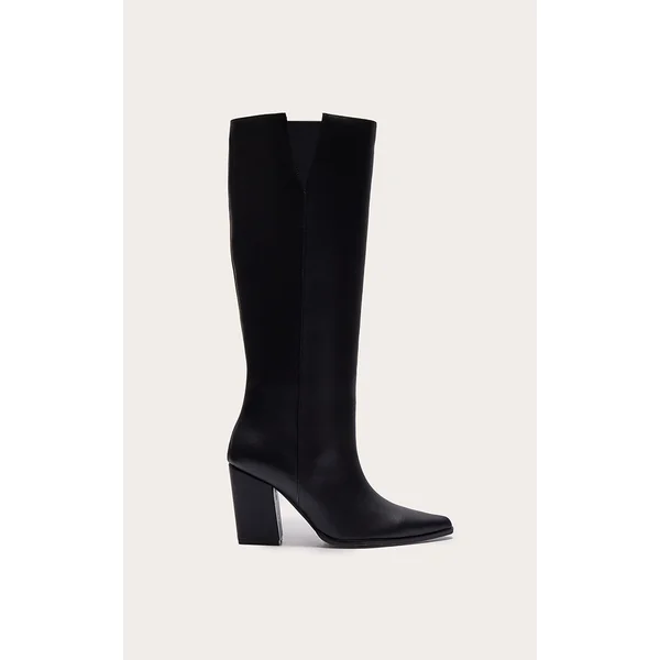 Black PU Point Toe Block Heeled Knee High Boot