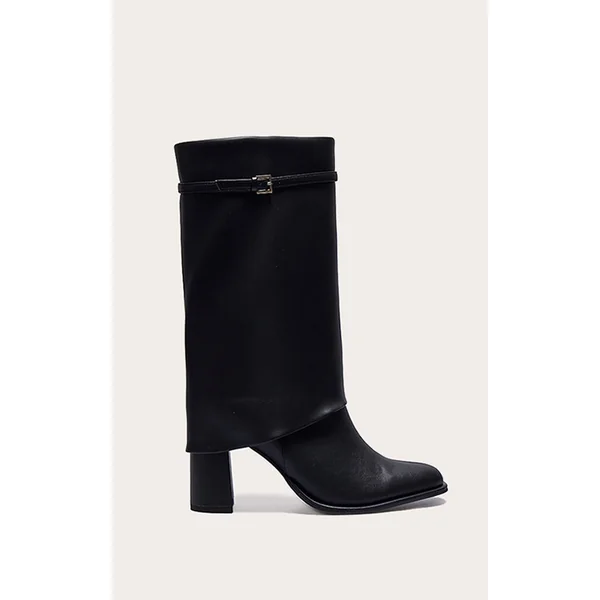 Black PU Point Toe Buckle Detail Block Heel Calf High Boots