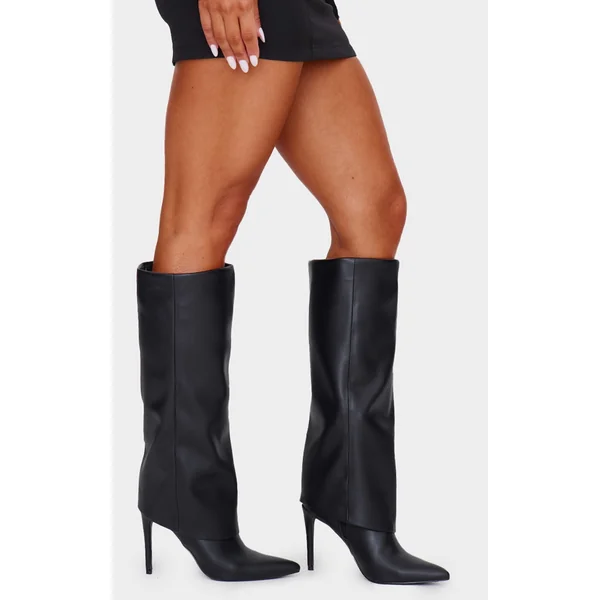 Black PU Point Toe Fold Over High Heeled Calf High Boots