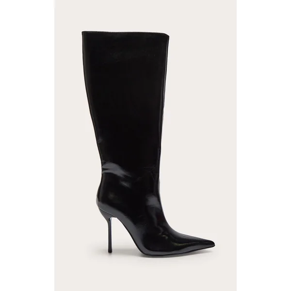 Black PU Point Toe Knee High Stiletto Heeled Boots