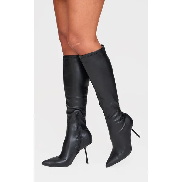 Black Pu Point Toe Knee High Stiletto Sock Boots