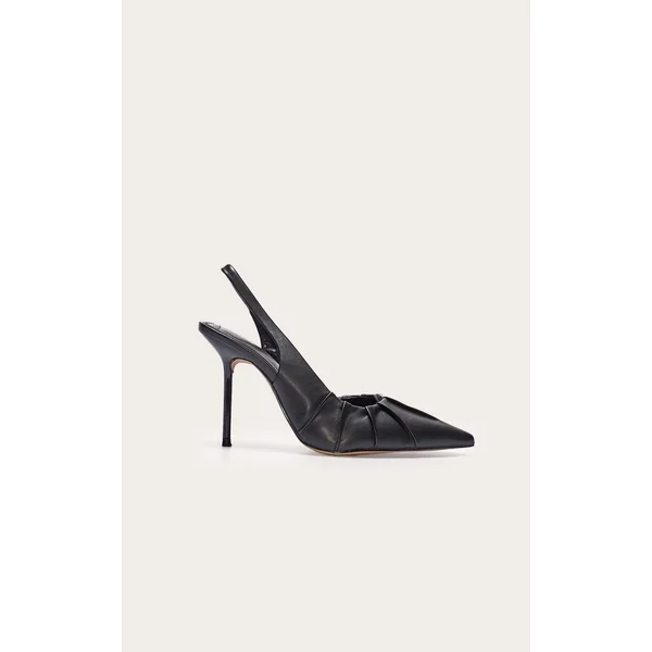 Black Pu Point Toe Ruched Sling Back High Stiletto Heeled Courts