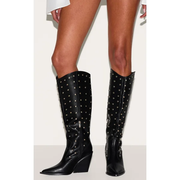 Black PU Point Toe Silver Stud Knee High Block Heel Western Boots
