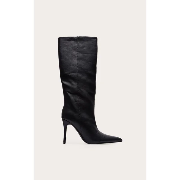 Black PU Point Toe Stiletto Knee High Heeled Boots