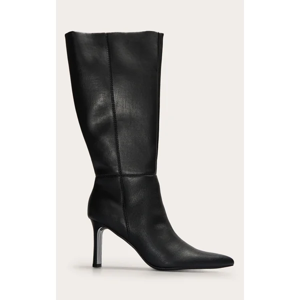 Black Pu Point Toe Thin Block High Heel Knee High Boots