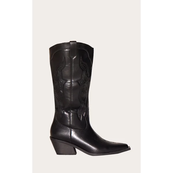 Black Pu Point Toe Western Calf High Boots