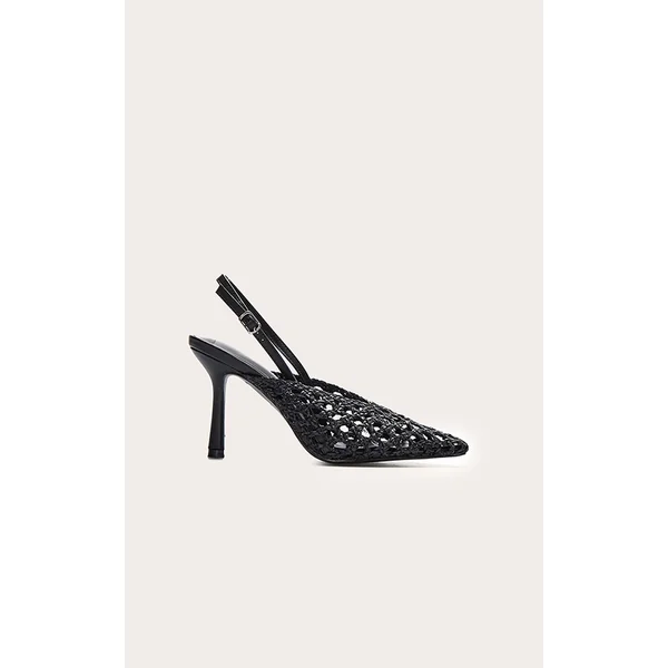 Black Pu Point Toe Woven High Heeled Sling Back Courts
