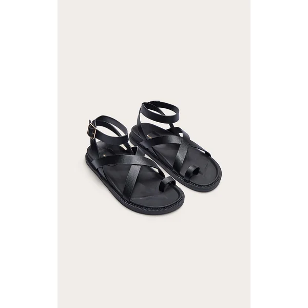 Black Pu Round Toe Ankle Strap Footbed Sandals