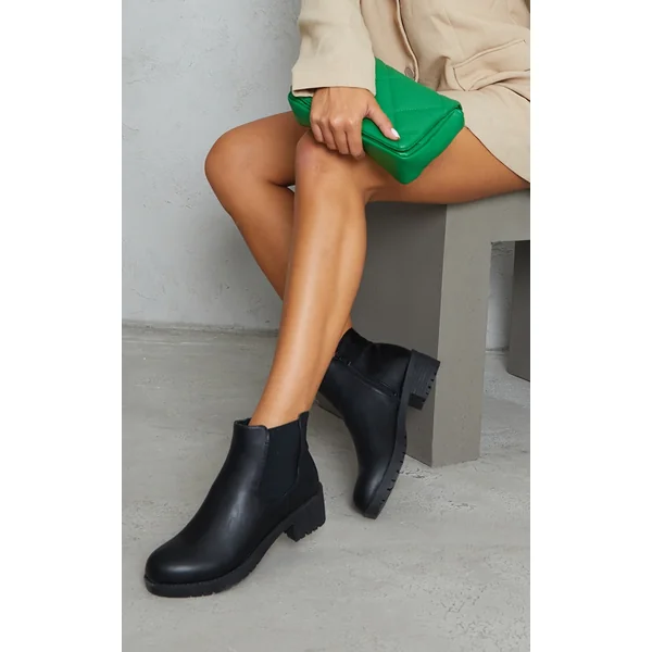 Black PU Round Toe Basic Chelsea Boots