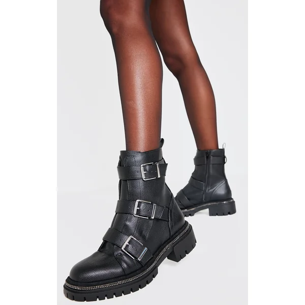 Black Pu Round Toe Buckle Diamante Trim Chunky Ankle Boots