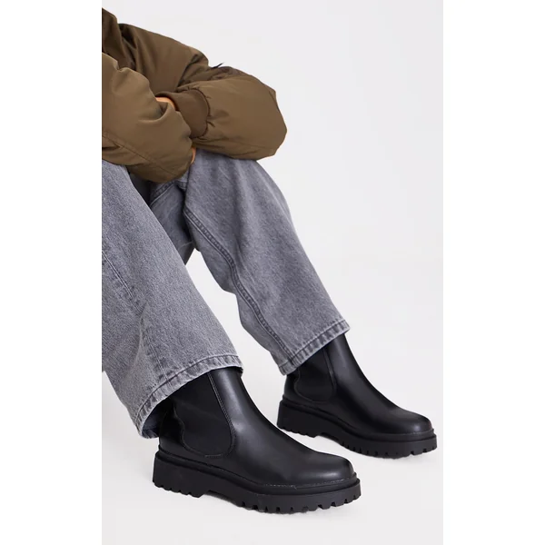 Black Pu Round Toe Chelsea Ankle Boots