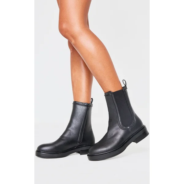 Black Pu Round Toe Chelsea Chunky Ankle Boots