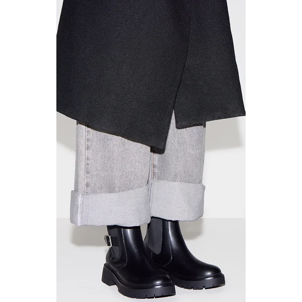 Black PU Round Toe Chunky Sole Ankle Boot