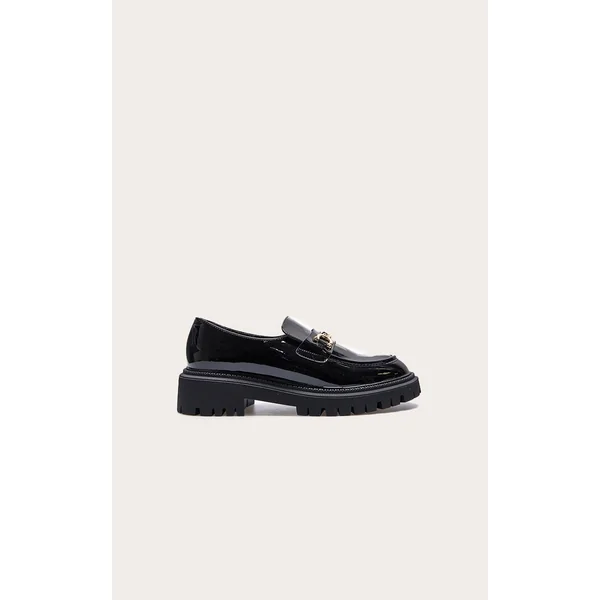 Black PU Round Toe Chunky Sole Chain Loafers