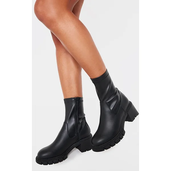 Black PU Round Toe Chunky Sole Sock Boots