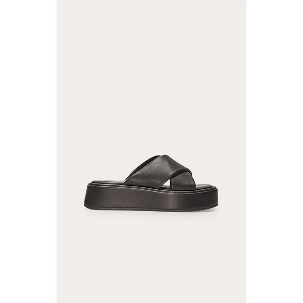 Black Pu Round Toe Cross Strap Flatform Sandals