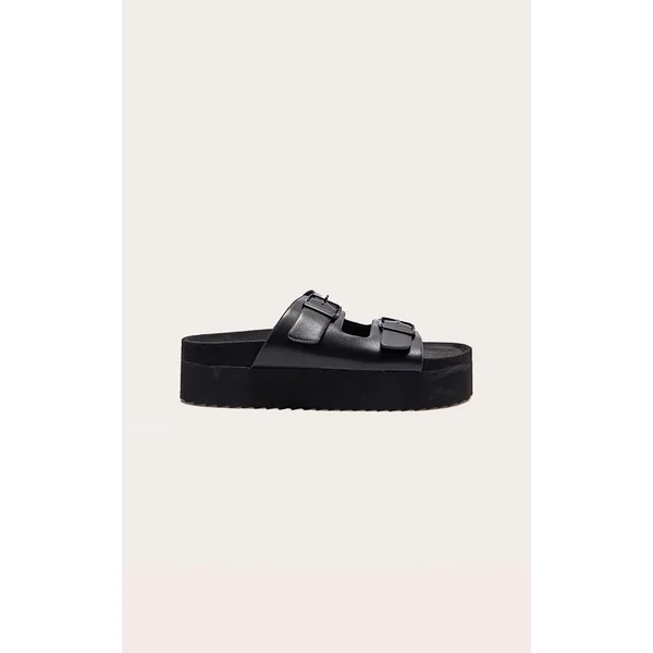Black PU Round Toe Double Buckle Strap Chunky Flat Sandals