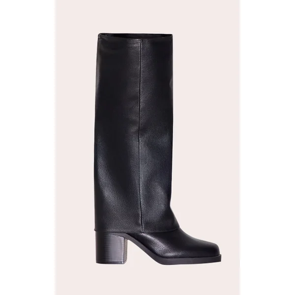 Black Pu Round Toe Fold Over Low Block Heel Boots