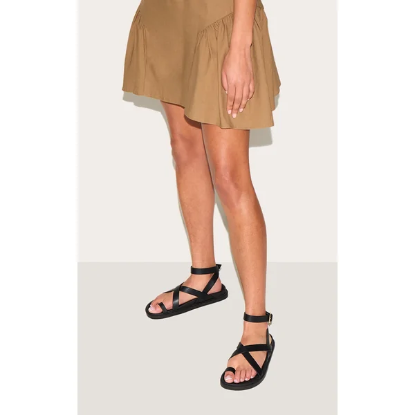 Black Pu Round Toe Gold Toe Loop Strappy Footbed Sandals