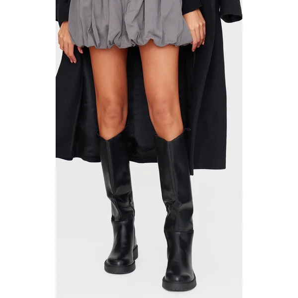 Black Pu Round Toe Knee High Flat Boots