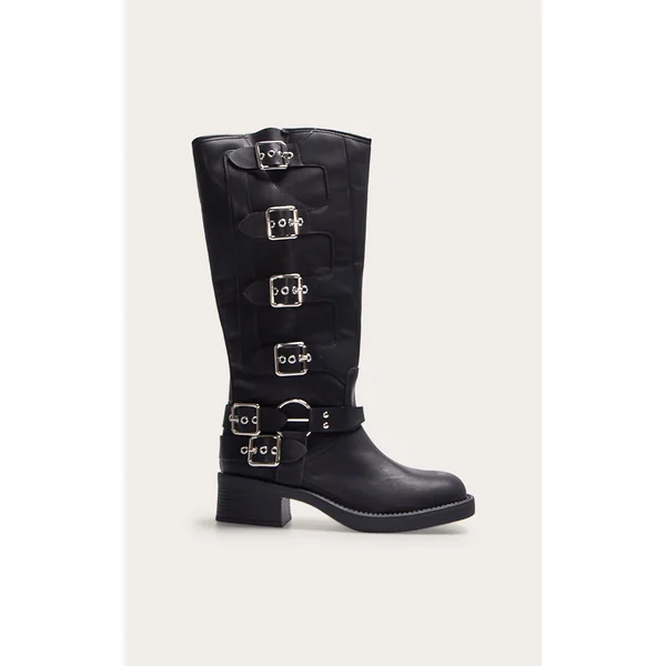 Black Pu Round Toe Multi Buckle Harness Knee High Boots