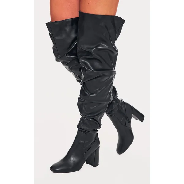 Black Pu Round Toe Ruched Over The Knee Block Heeled Boots