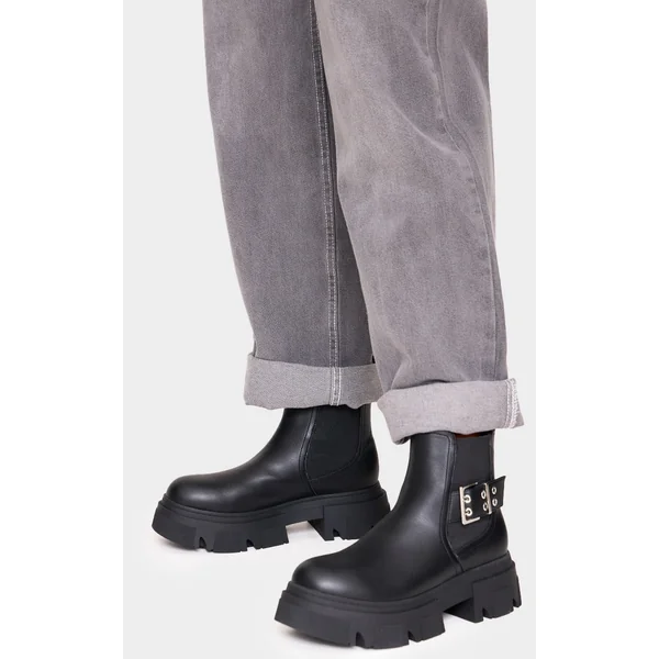Black PU Round Toe Silver Buckle Chunky Sole Ankle Boots