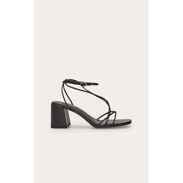 Black Pu Round Toe Strappy Mid Block Heel Sandals