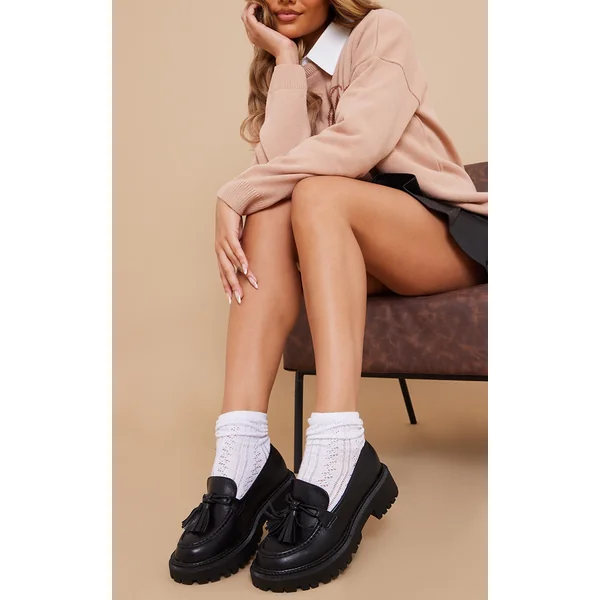 Black PU Round Toe Tassel Chunky Sole Loafer