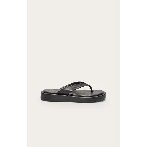 Black Pu Round Toe Thong Flatform Sandals