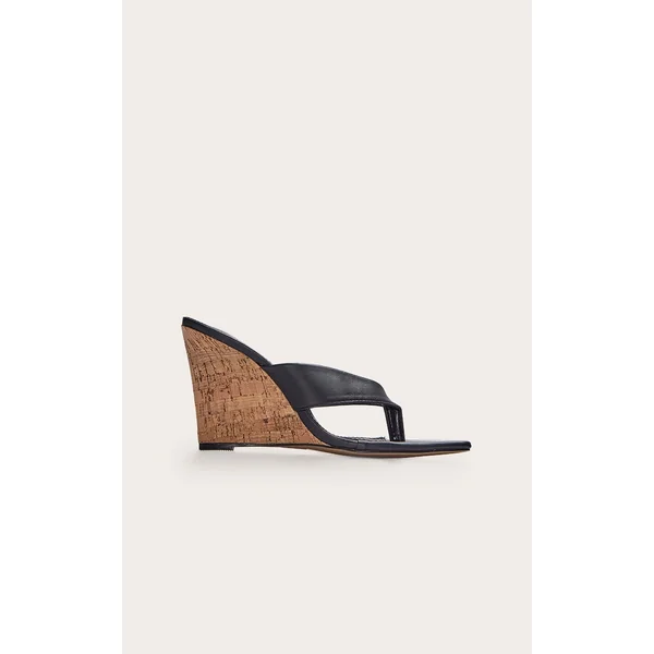Black Pu Round Toe Thong Heeled Wedges