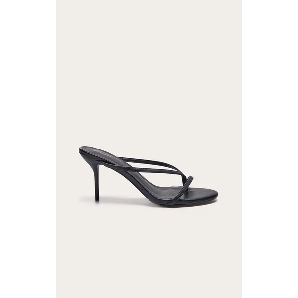 Black Pu Round Toe Thong High Stiletto Heeled Mules