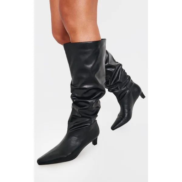 Black PU Slouchy Point Toe Low Stiletto Knee High Heeled Boots