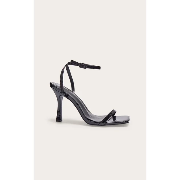 Black PU Square Toe Barely There Mid Heeled Sandals
