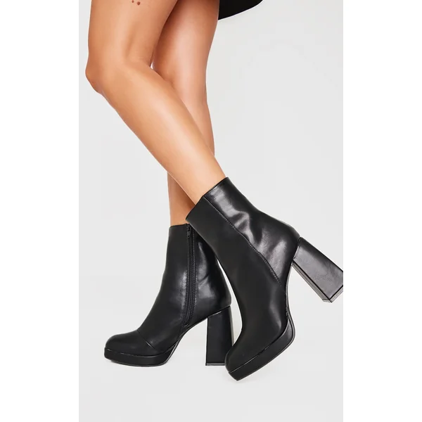 Black PU Square Toe Block Heeled Ankle Boots
