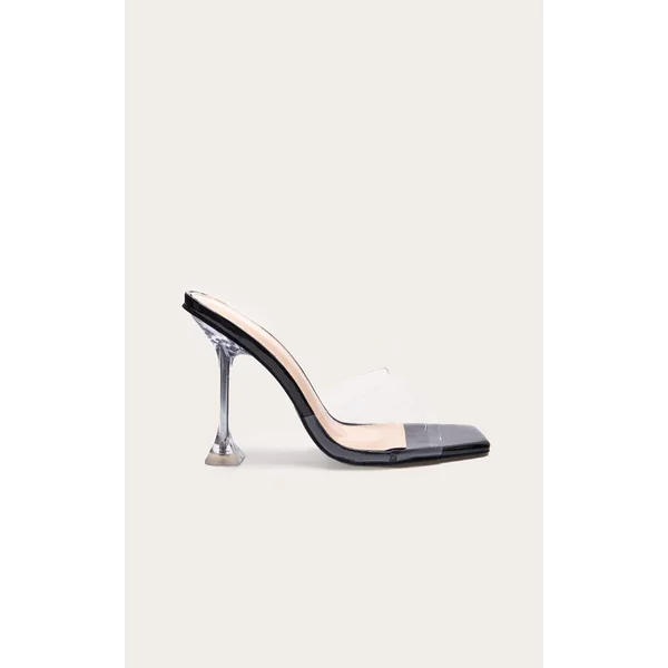 Black Pu Square Toe Clear Perspex Heeled Mules
