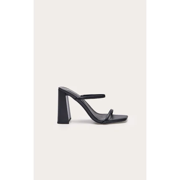 Black Pu Square Toe Double Strap High Block Heel Mules