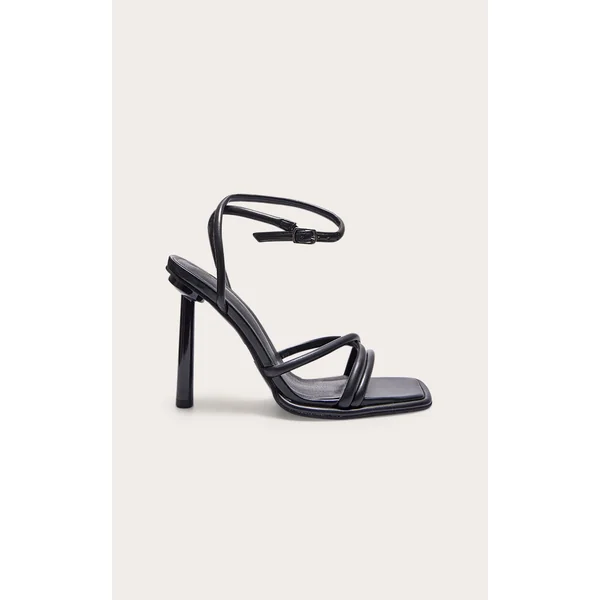 Black Pu Square Toe Edge Quilted Strap High Heeled Sandals
