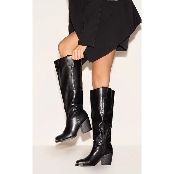Black PU Square Toe Knee High Block Heeled Western Boots