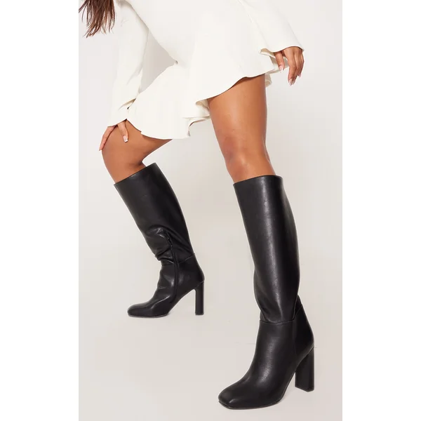 Black PU Square Toe Knee High Zip Block High Heel Boots