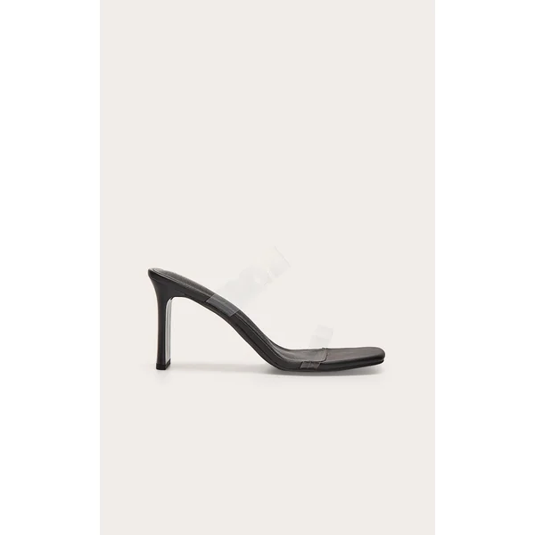 Black Pu Square Toe Perspex Straps High Thin Block Heeled Mules