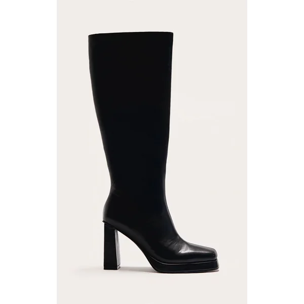 Black PU Square Toe Slight Platform Knee High Heeled Boots