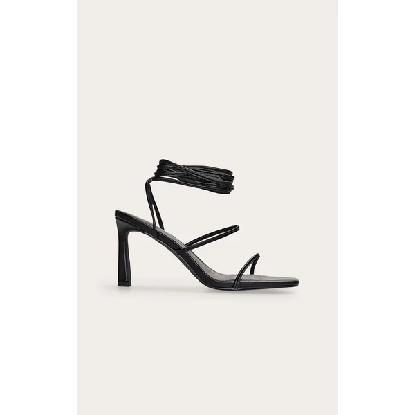 Black Pu Square Toe Strappy Lace Up Mid Stiletto Heeled Sandals