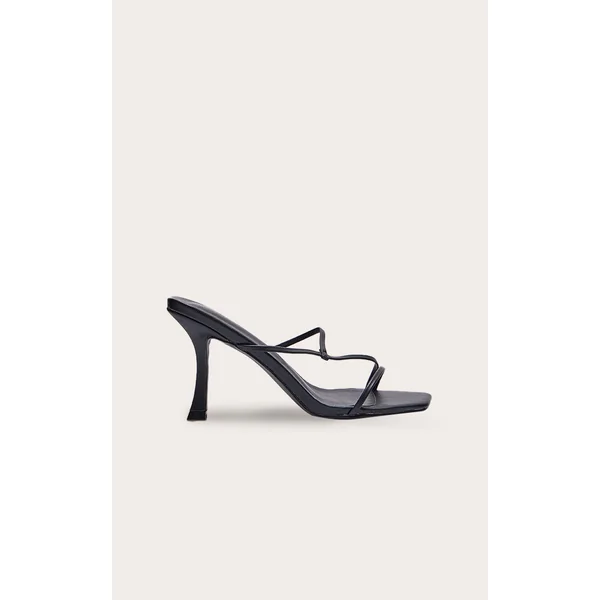 Black PU Square Toe Strappy Mid Heeled Mules