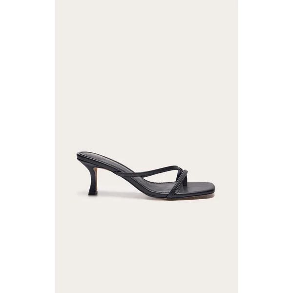 Black Pu Square Toe Strappy Toe Thong Mid Stiletto Heeled Mules